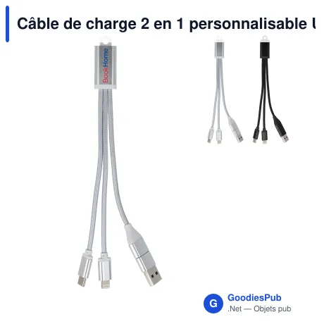 Câble de charge 2 en 1 personnalisable USB-C et Lightning avec logo - Alu