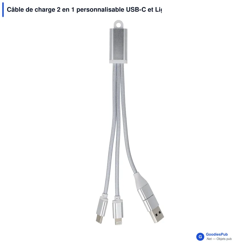 Câble de charge 2 en 1 personnalisable USB-C et Lightning avec logo - Alu - Image 2