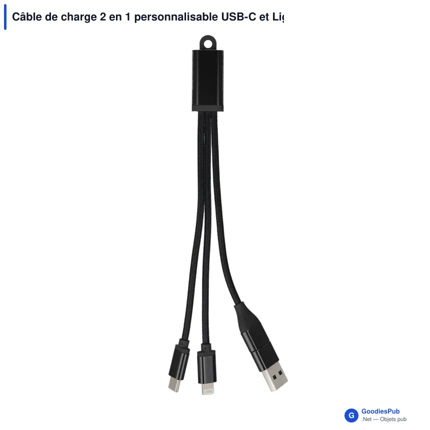 Câble de charge 2 en 1 personnalisable USB-C et Lightning avec logo - Alu - Image 3