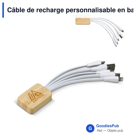 Câble de recharge personnalisable en bambou et R-PET avec logo - Blanc