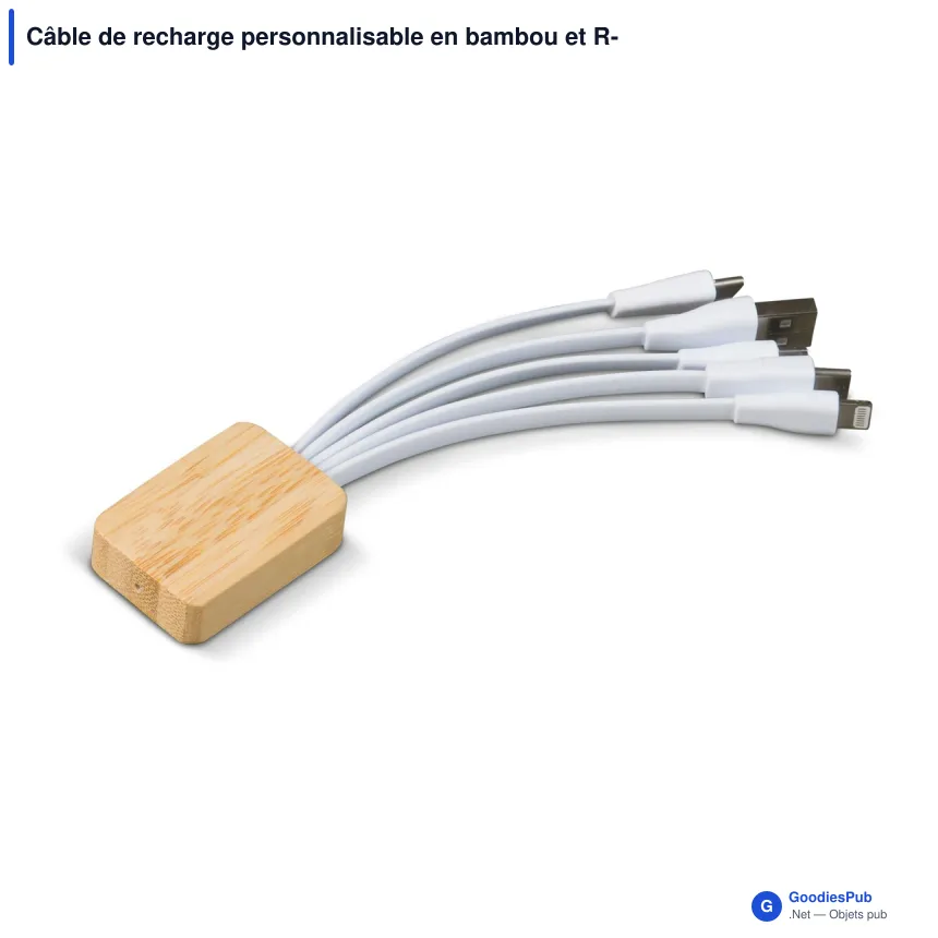 Câble de recharge personnalisable en bambou et R-PET avec logo - Blanc - Image 2