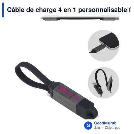 Câble de charge 4 en 1 personnalisable format porte-clés 60 W avec logo - Nylon