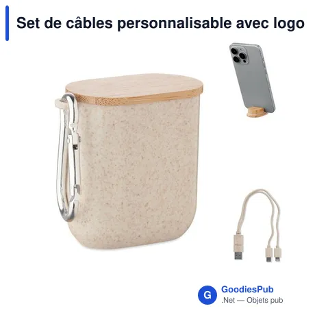 Set de câbles personnalisable avec logo dans un boîtier en bambou