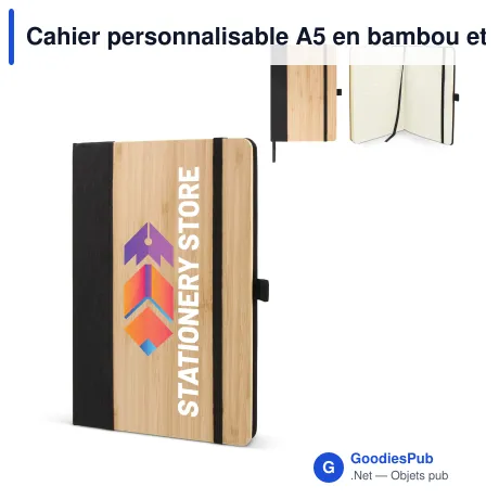 Cahier personnalisable A5 en bambou et R-PET avec logo - Bambou noir