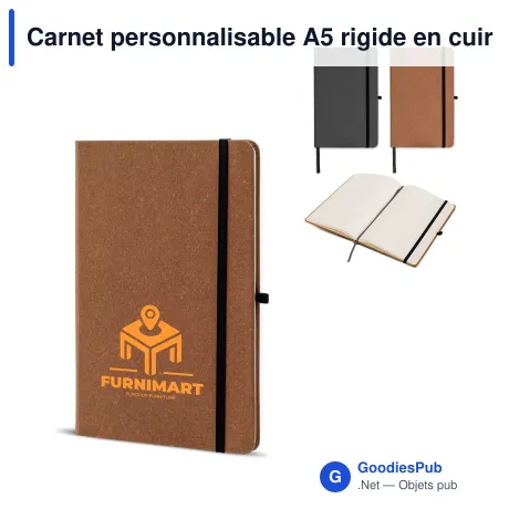 Carnet personnalisable A5 rigide en cuir recyclé avec logo - Couverture rigide