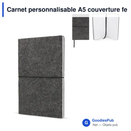 Carnet personnalisable A5 couverture feutrine avec logo - Gris foncé
