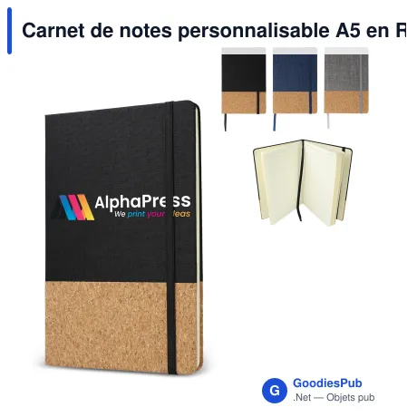 Carnet de notes personnalisable A5 en R-PET et liège avec logo - 3 coloris