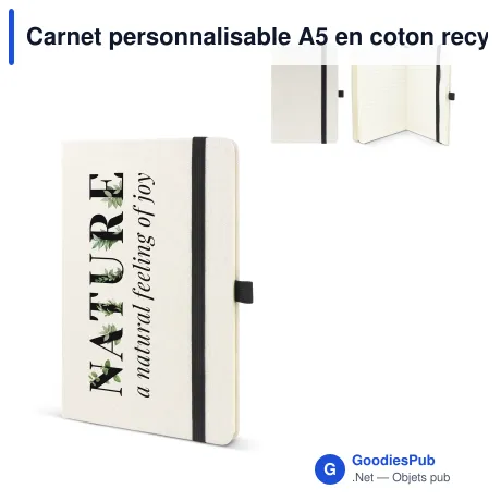 Carnet personnalisable A5 en coton recyclé et R-PET avec logo - Beige et noir