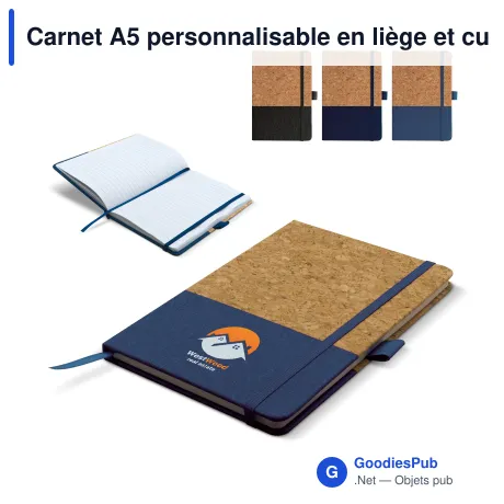 Carnet A5 personnalisable en liège et cuir végétalien avec logo - Liège