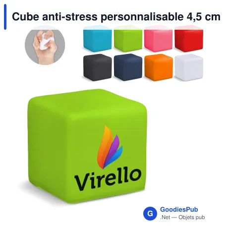 Cube anti-stress personnalisable 4,5 cm en mousse PU avec logo - 8 coloris