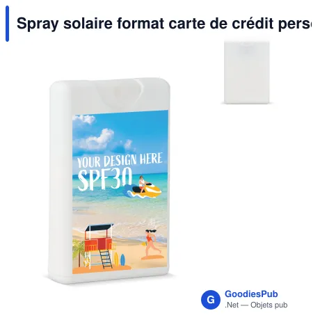 Spray solaire format carte de crédit personnalisable SPF 30 avec logo - Recyclé