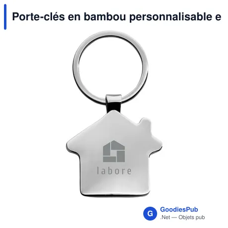 Porte-clés en bambou personnalisable en forme de maison avec logo