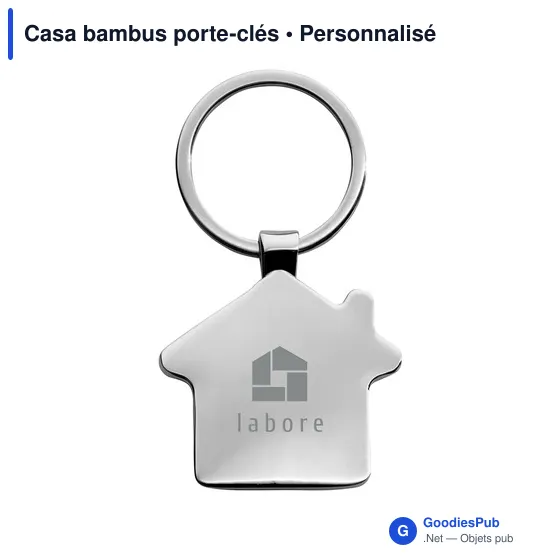Porte-clés en bambou personnalisable en forme de maison avec logo - Image 1
