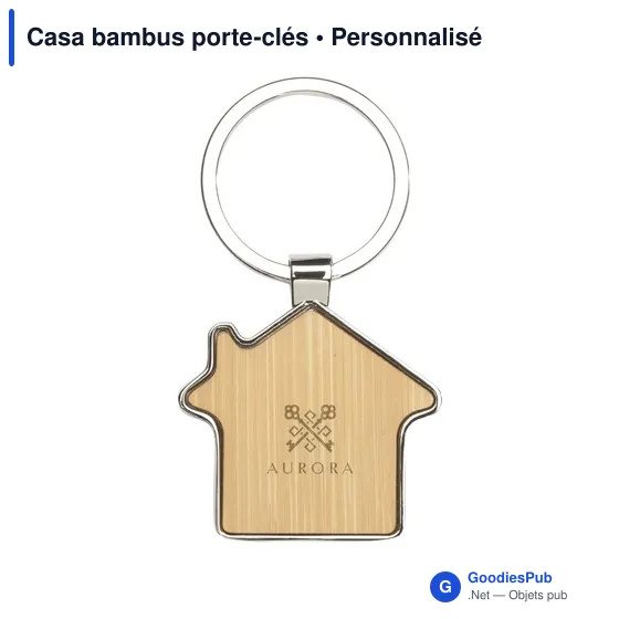 Porte-clés en bambou personnalisable en forme de maison avec logo - Image 5