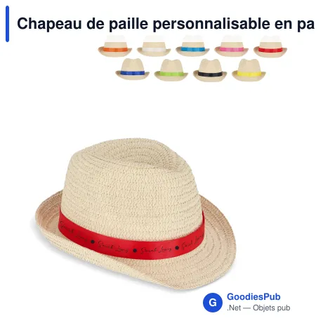 Chapeau de paille personnalisable en papier avec bande colorée et logo - Summer