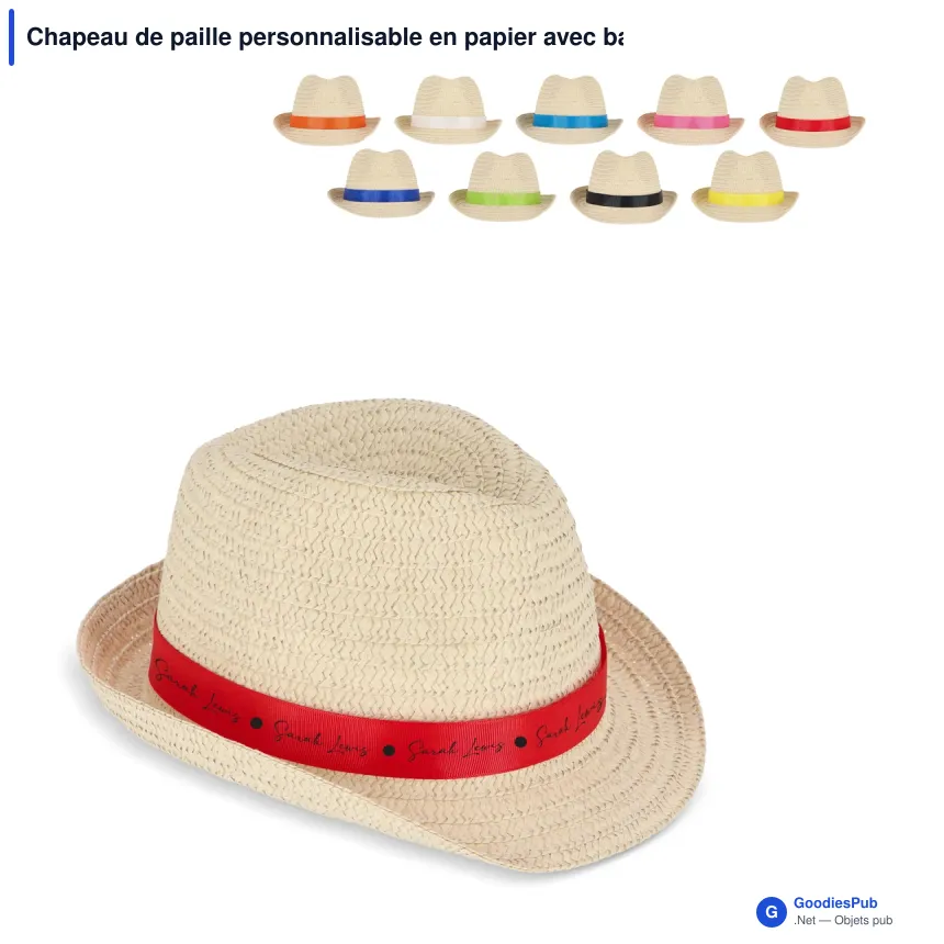 Chapeau de paille personnalisable en papier avec bande colorée et logo - Summer - Image 1