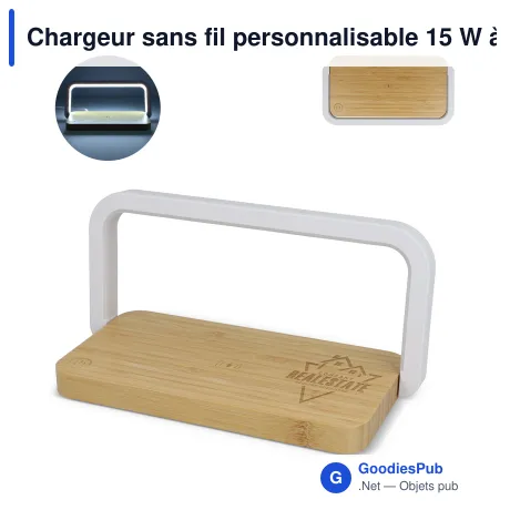 Chargeur sans fil personnalisable 15 W à lampe LED variable avec logo - Bambou