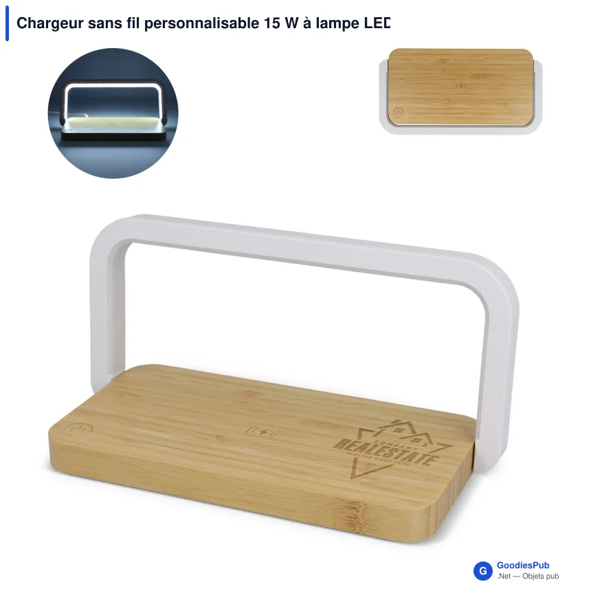 Chargeur sans fil personnalisable 15 W à lampe LED variable avec logo - Bambou - Image 1