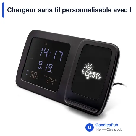 Chargeur sans fil personnalisable avec horloge numérique | Ishaavec logo