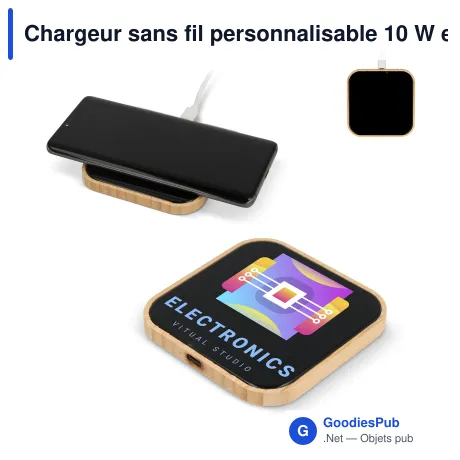 Chargeur sans fil personnalisable 10 W en bambou et verre avec logo - Noir