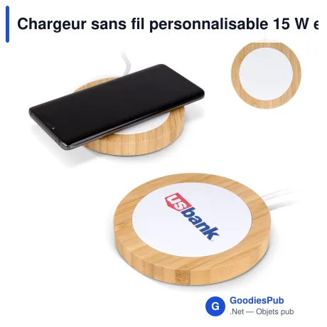Chargeur sans fil personnalisable 15 W en bambou et R-ABS avec logo - Bambou