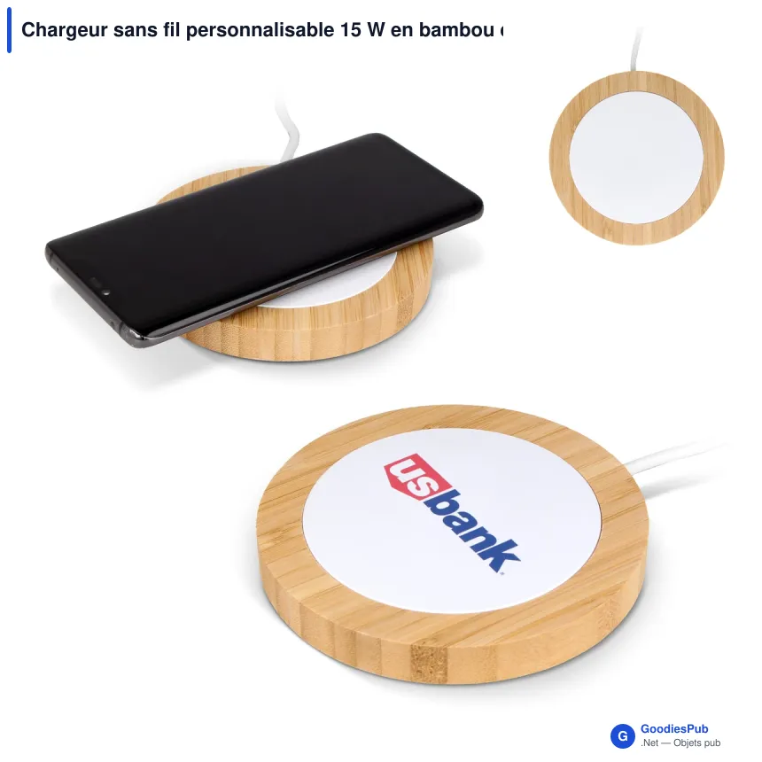 Chargeur sans fil personnalisable 15 W en bambou et R-ABS avec logo - Bambou - Image 1
