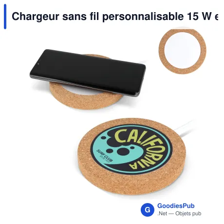 Chargeur sans fil personnalisable 15 W en liège et R-ABS avec logo - Liège