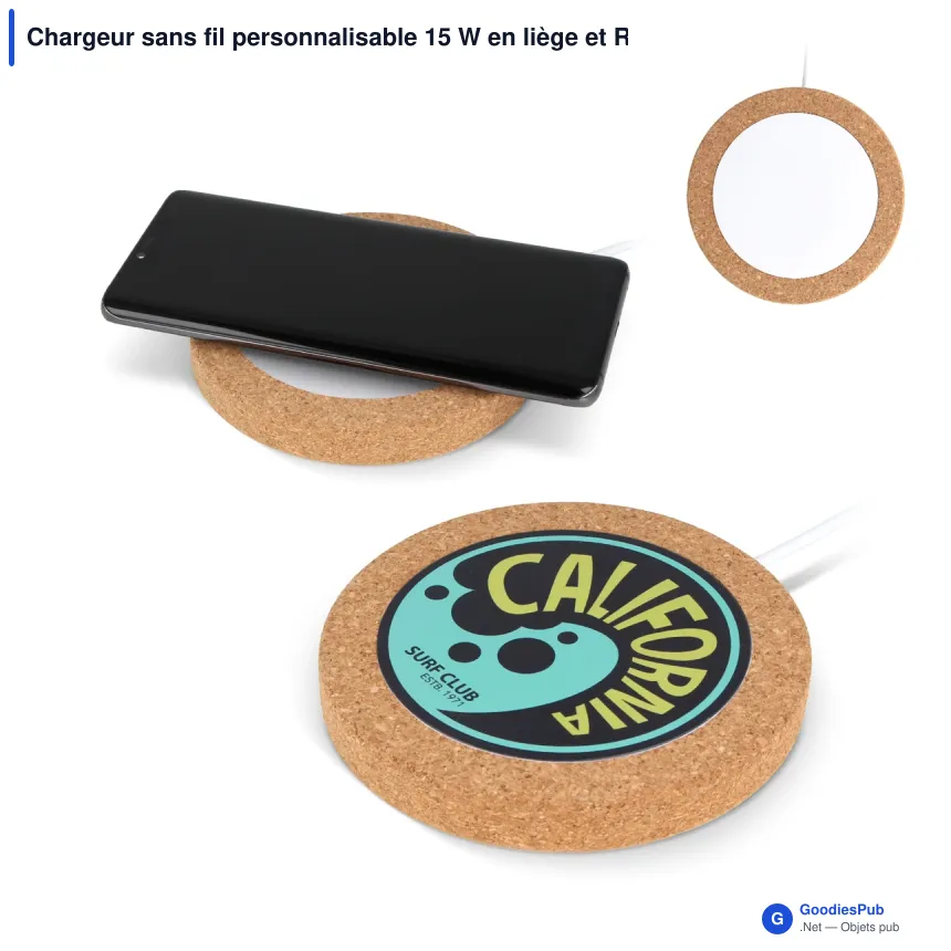 Chargeur sans fil personnalisable 15 W en liège et R-ABS avec logo - Liège - Image 1