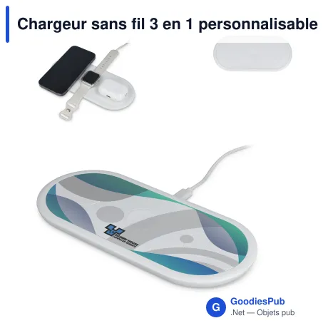 Chargeur sans fil 3 en 1 personnalisable 15 W avec logo - Téléphone, montre et écouteurs