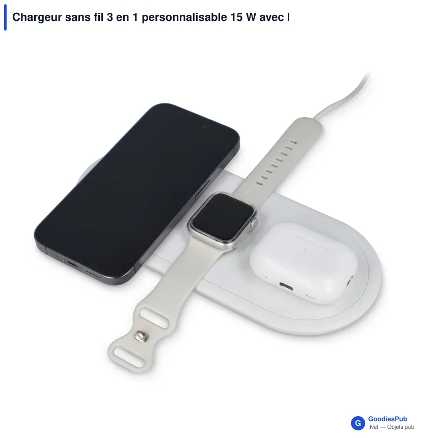 Chargeur sans fil 3 en 1 personnalisable 15 W avec logo - Téléphone, montre et écouteurs - Image 2