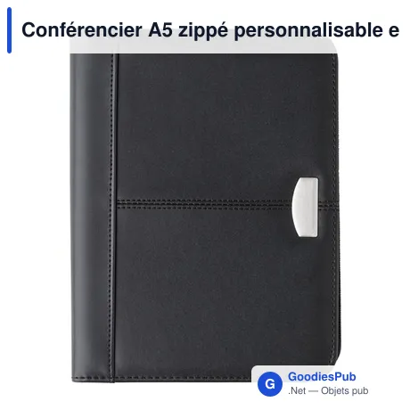 Conférencier A5 zippé personnalisable en cuir reconstitué avec logo