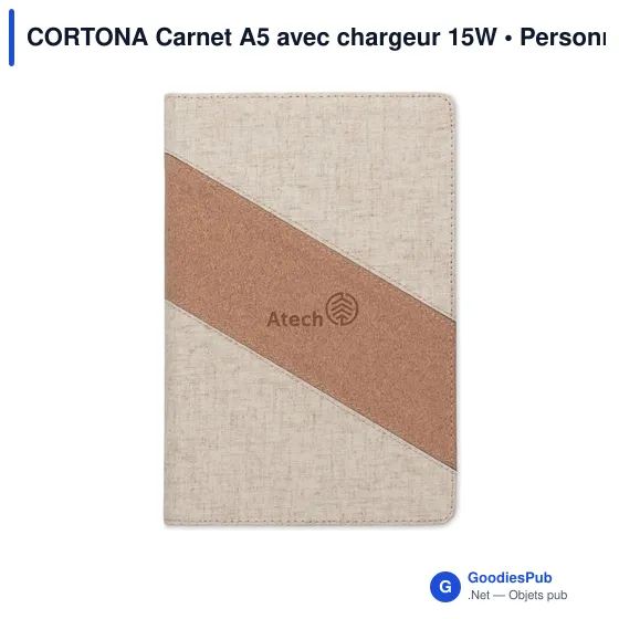 Carnet A5 personnalisable avec chargeur sans fil 15W - CORTONAavec logo - Image 2