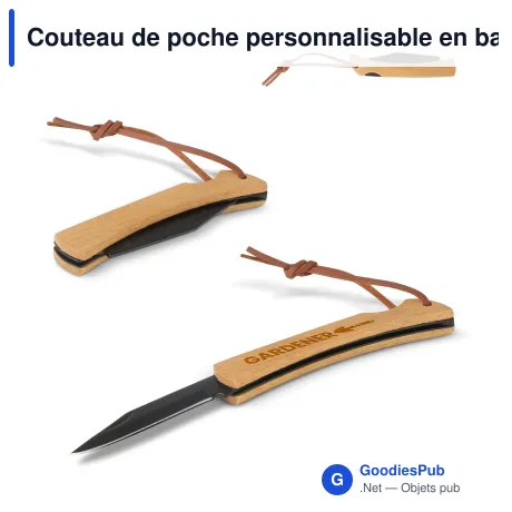 Couteau de poche personnalisable en bambou et acier inoxydable avec logo - Noir