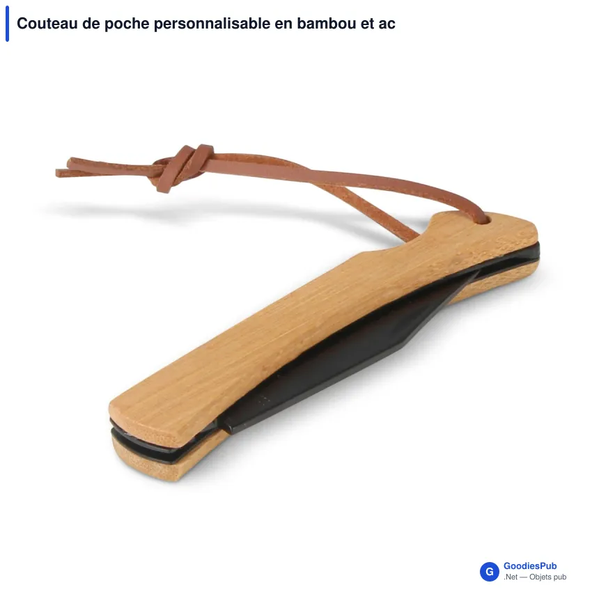 Couteau de poche personnalisable en bambou et acier inoxydable avec logo - Noir - Image 2