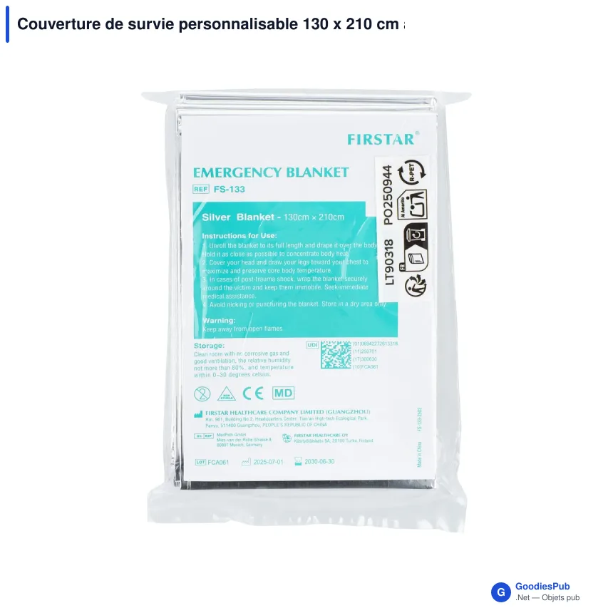 Couverture de survie personnalisable 130 x 210 cm avec logo - Argent - Image 2