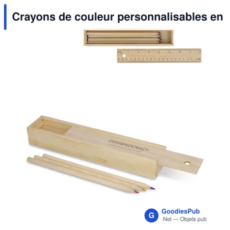 Crayons de couleur personnalisables en boîte bois coulissante avec logo - Coffret