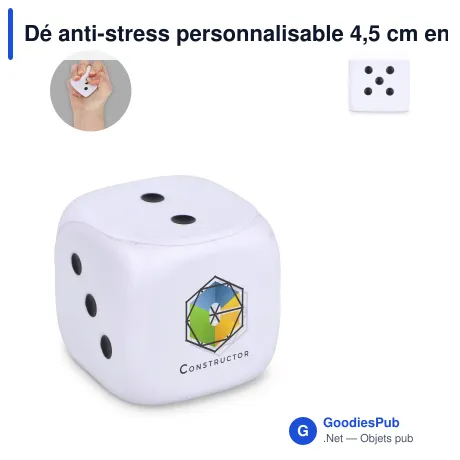 Dé anti-stress personnalisable 4,5 cm en mousse PU avec logo - Blanc