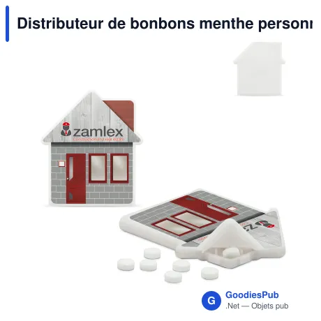 Distributeur de bonbons menthe personnalisable en forme de maison avec logo - Maison