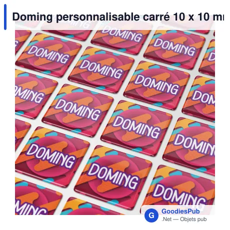 Doming personnalisable carré 10 x 10 mm en résine époxy avec logo - Doming Carré
