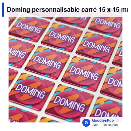 Doming personnalisable carré 15 x 15 mm en résine époxy avec logo - Doming Carré