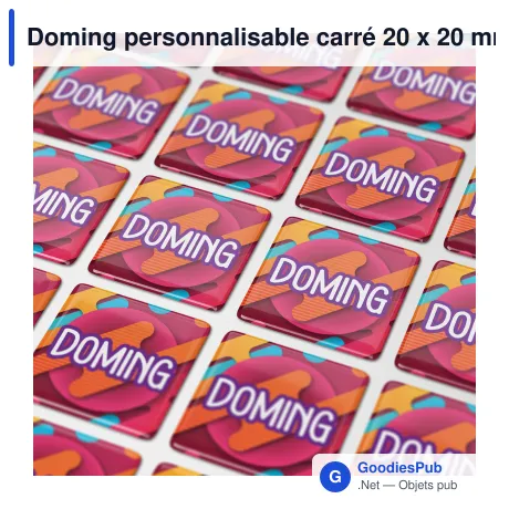 Doming personnalisable carré 20 x 20 mm en résine époxy avec logo - Doming Carré