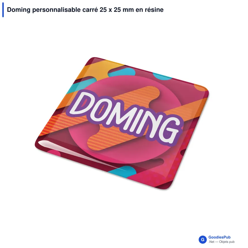 Doming personnalisable carré 25 x 25 mm en résine époxy avec logo - Doming Carré - Image 5