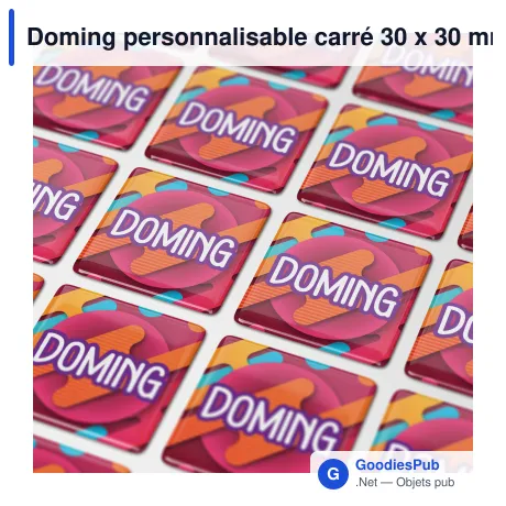 Doming personnalisable carré 30 x 30 mm en résine époxy avec logo - Doming Carré