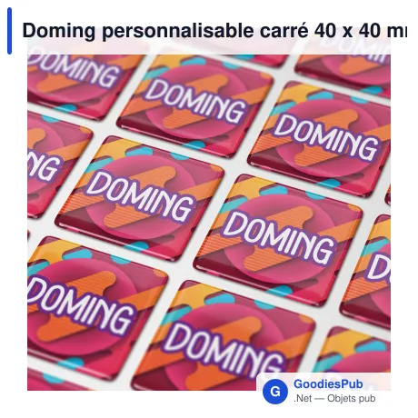 Doming personnalisable carré 40 x 40 mm en résine époxy avec logo - Doming Carré