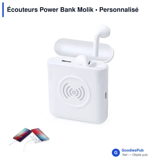Écouteurs Bluetooth personnalisables avec Power Bank Molikavec logo - Image 1