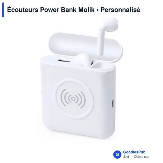 Écouteurs Bluetooth personnalisables avec Power Bank Molikavec logo - Image 2
