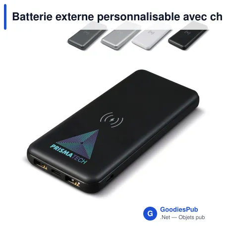 Batterie externe personnalisable avec chargeur sans fil 8000 mAh et logo - Elite