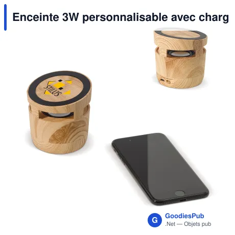 Enceinte 3W personnalisable avec chargeur sans fil 5W et logo - Bois clair