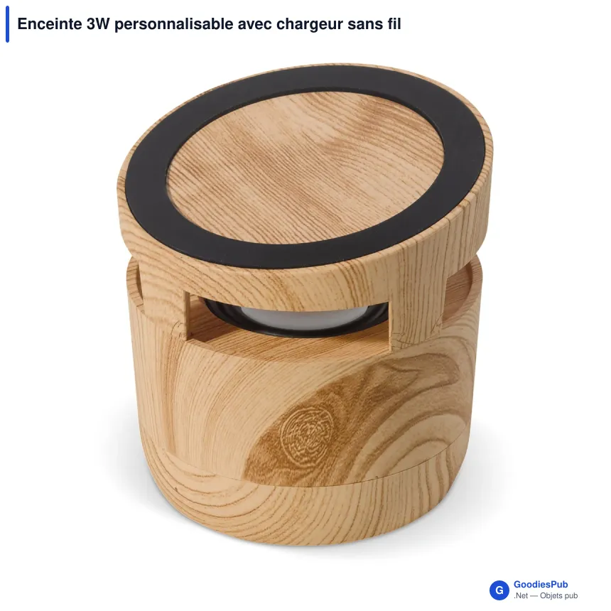 Enceinte 3W personnalisable avec chargeur sans fil 5W et logo - Bois clair - Image 2