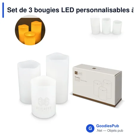 Set de 3 bougies LED personnalisables à piles, en cire avec logo - InSideOut Koselys